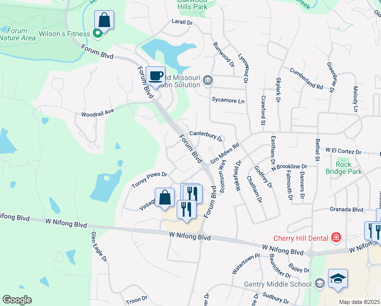 map of restaurants, bars, coffee shops, grocery stores, and more near 3499 Forum Boulevard in Columbia