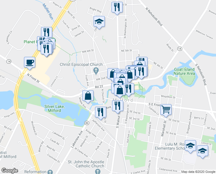 map of restaurants, bars, coffee shops, grocery stores, and more near 112 Northwest Front Street in Milford