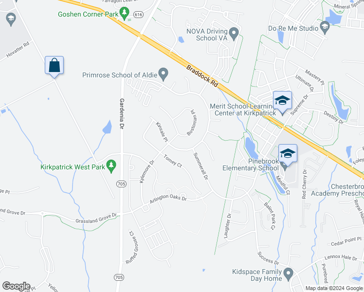 map of restaurants, bars, coffee shops, grocery stores, and more near 25451 Kinsale Place in Aldie