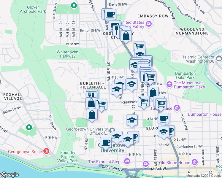map of restaurants, bars, coffee shops, grocery stores, and more near 1715 37th Street Northwest in Washington