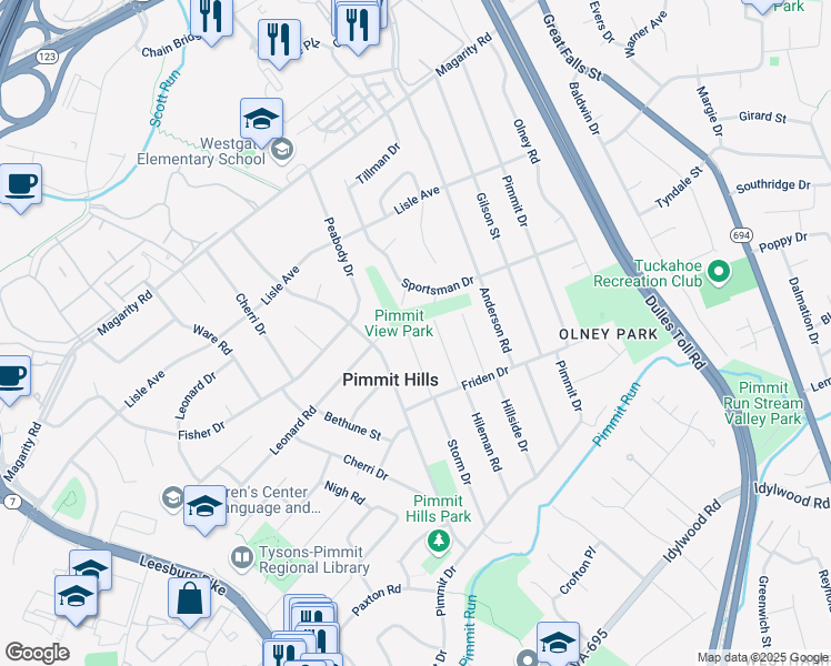 map of restaurants, bars, coffee shops, grocery stores, and more near 1915 Storm Drive in Falls Church