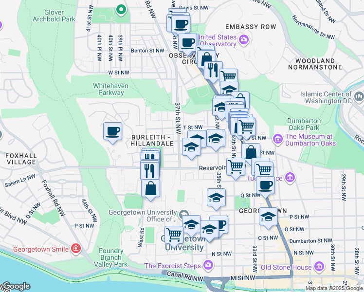 map of restaurants, bars, coffee shops, grocery stores, and more near 1715 37th Street Northwest in Washington