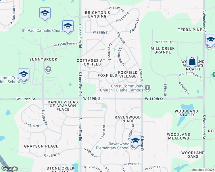 map of restaurants, bars, coffee shops, grocery stores, and more near 21080 West 118th Terrace in Olathe