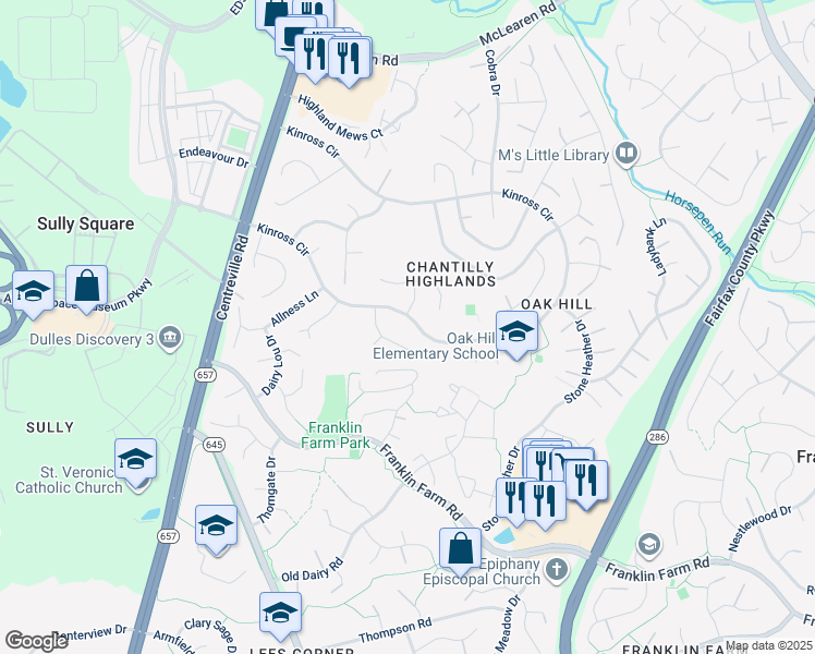 map of restaurants, bars, coffee shops, grocery stores, and more near 3244 Kinross Circle in Herndon