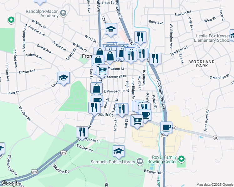 map of restaurants, bars, coffee shops, grocery stores, and more near 221 East Prospect Street in Front Royal