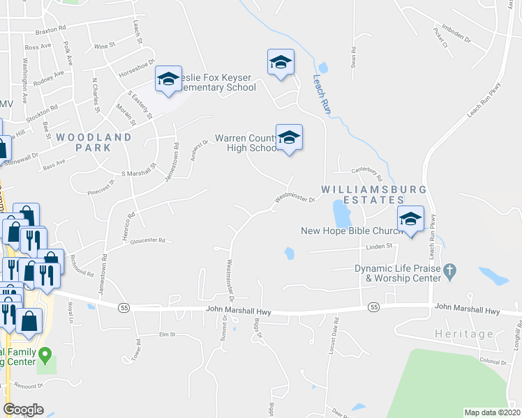 map of restaurants, bars, coffee shops, grocery stores, and more near 81 Westminster Drive in Front Royal