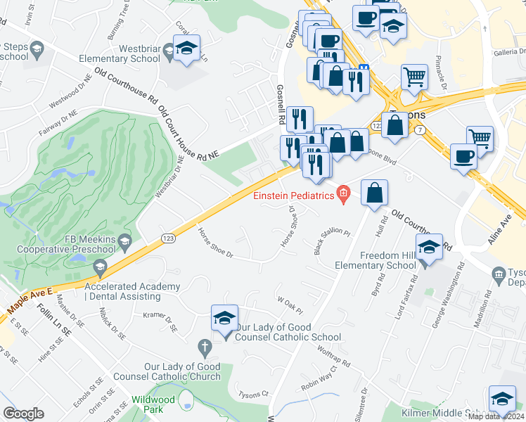 map of restaurants, bars, coffee shops, grocery stores, and more near 8539 Ashgrove Plantation Circle in Tysons