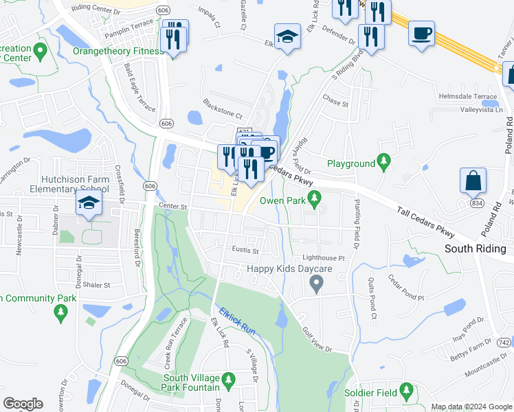map of restaurants, bars, coffee shops, grocery stores, and more near 25412 South Riding Boulevard in Chantilly
