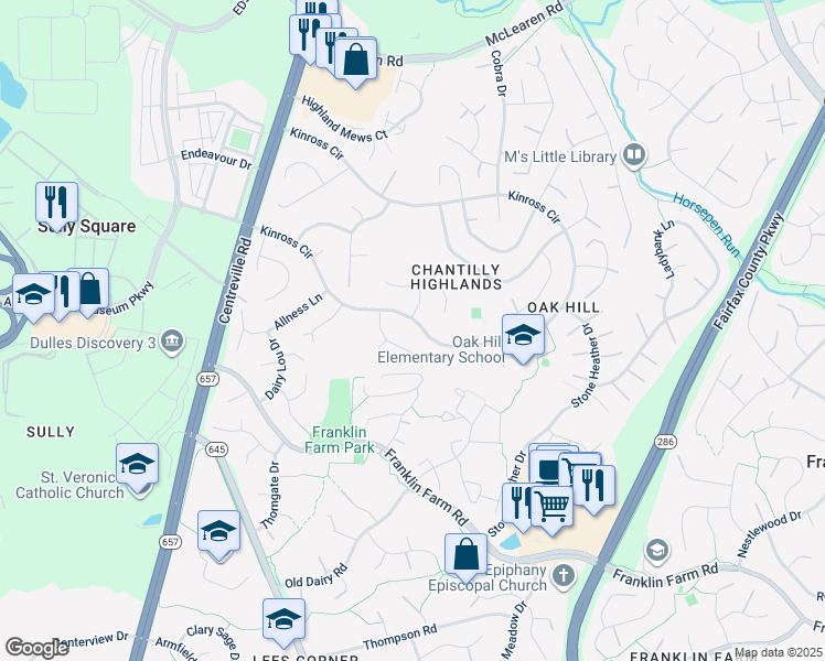 map of restaurants, bars, coffee shops, grocery stores, and more near 3244 Kinross Circle in Herndon