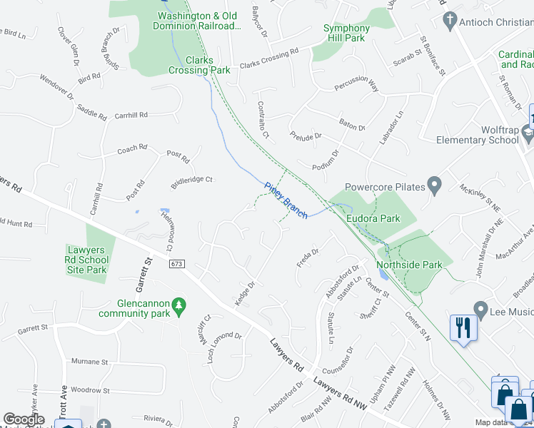 map of restaurants, bars, coffee shops, grocery stores, and more near 2055 Kedge Drive in Vienna