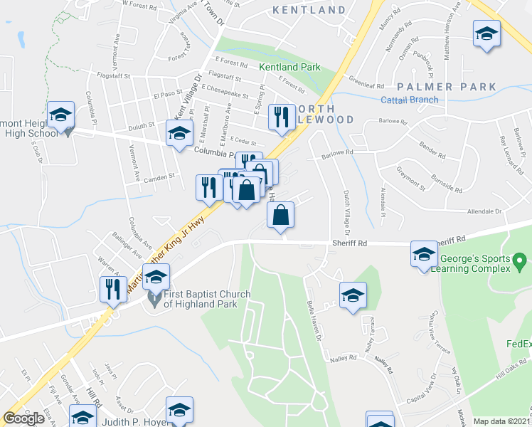 map of restaurants, bars, coffee shops, grocery stores, and more near 1854 Cedarwood Court in Greater Landover