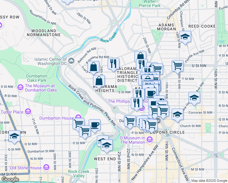 map of restaurants, bars, coffee shops, grocery stores, and more near 2301 S Street Northwest in Washington