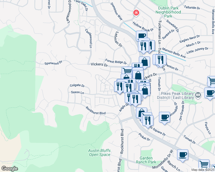 map of restaurants, bars, coffee shops, grocery stores, and more near 2090 Furman Point in Colorado Springs