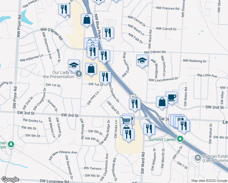 map of restaurants, bars, coffee shops, grocery stores, and more near 129 Southwest McClendon Drive in Lee's Summit