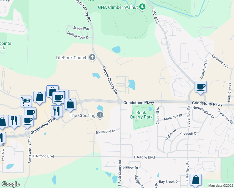 map of restaurants, bars, coffee shops, grocery stores, and more near 3220 South Rock Quarry Road in Columbia