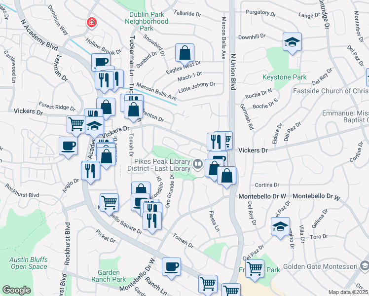 map of restaurants, bars, coffee shops, grocery stores, and more near 2525 Paragon Drive in Colorado Springs