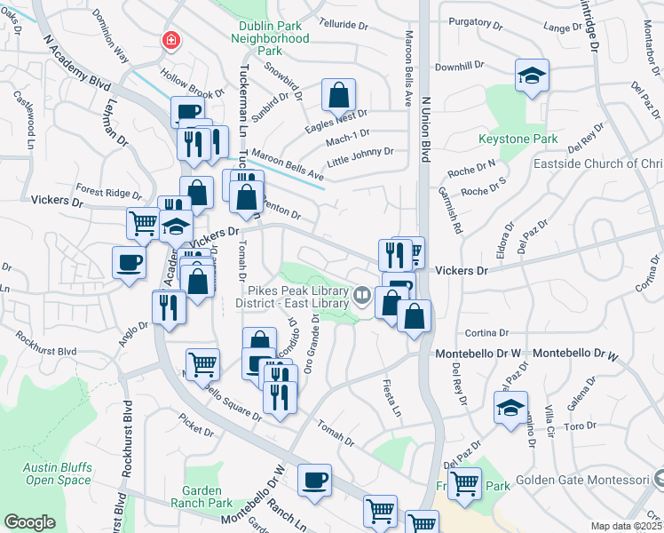 map of restaurants, bars, coffee shops, grocery stores, and more near 2525 Paragon Drive in Colorado Springs