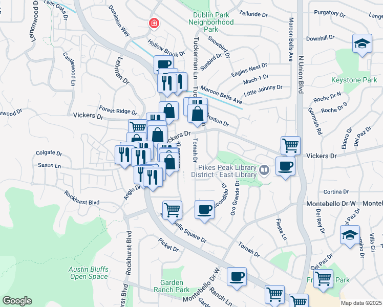 map of restaurants, bars, coffee shops, grocery stores, and more near 5735 Tomah Drive in Colorado Springs