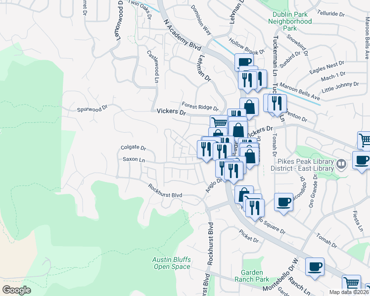 map of restaurants, bars, coffee shops, grocery stores, and more near 2090 Furman Point in Colorado Springs