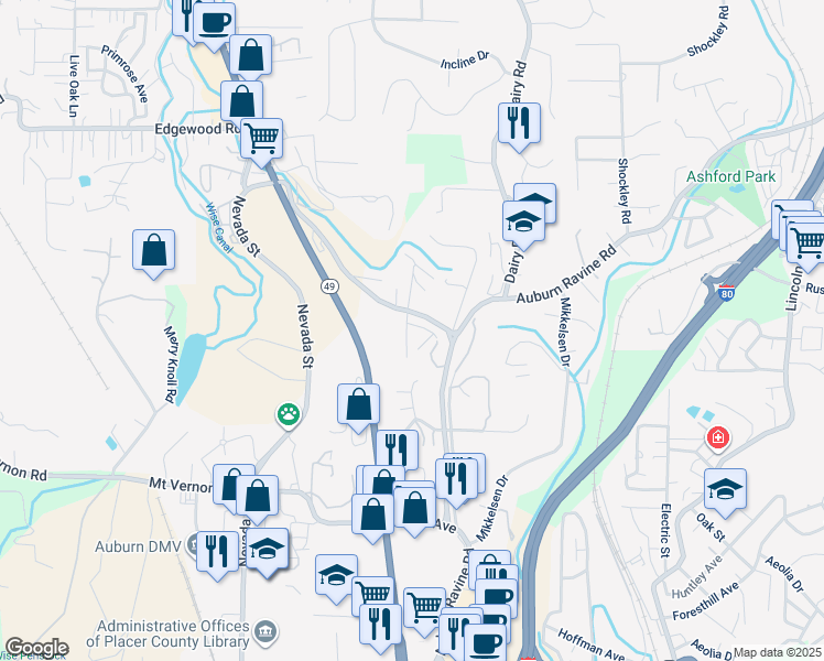 map of restaurants, bars, coffee shops, grocery stores, and more near 766 Dorothy Way in Auburn