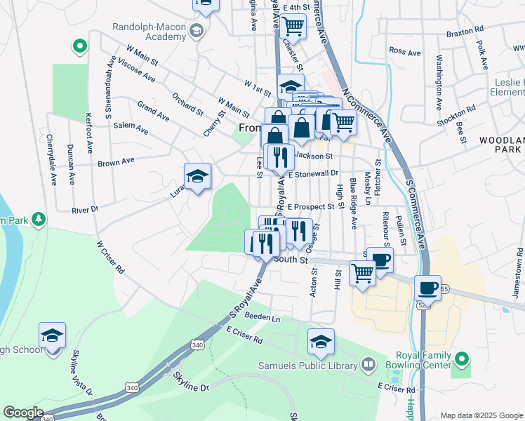 map of restaurants, bars, coffee shops, grocery stores, and more near 24 West Prospect Street in Front Royal