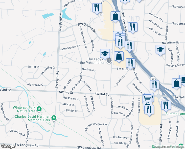 map of restaurants, bars, coffee shops, grocery stores, and more near 117 Southwest Winterpark Lane in Lee's Summit