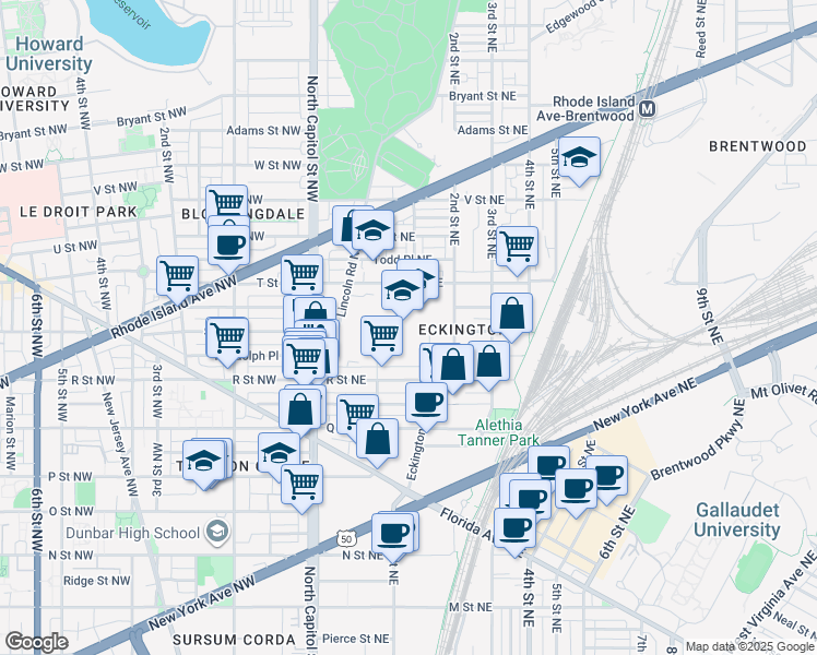 map of restaurants, bars, coffee shops, grocery stores, and more near 151 T Street Northeast in Washington