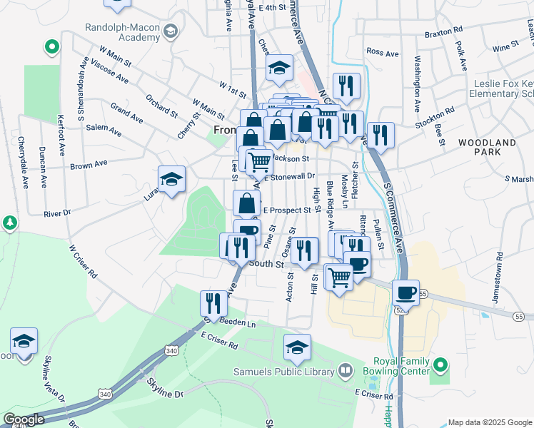 map of restaurants, bars, coffee shops, grocery stores, and more near 13 East Prospect Street in Front Royal