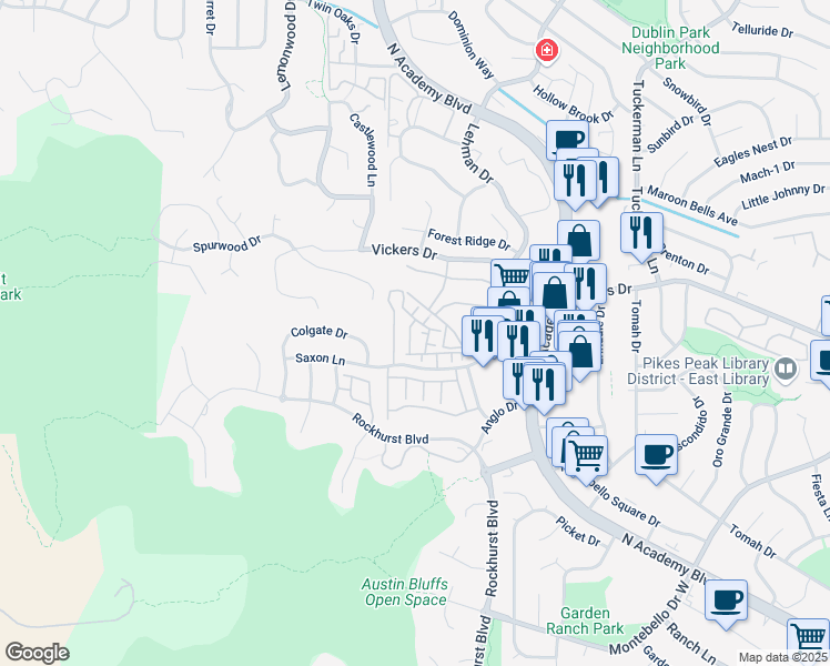 map of restaurants, bars, coffee shops, grocery stores, and more near 5673 Appalachian View in Colorado Springs