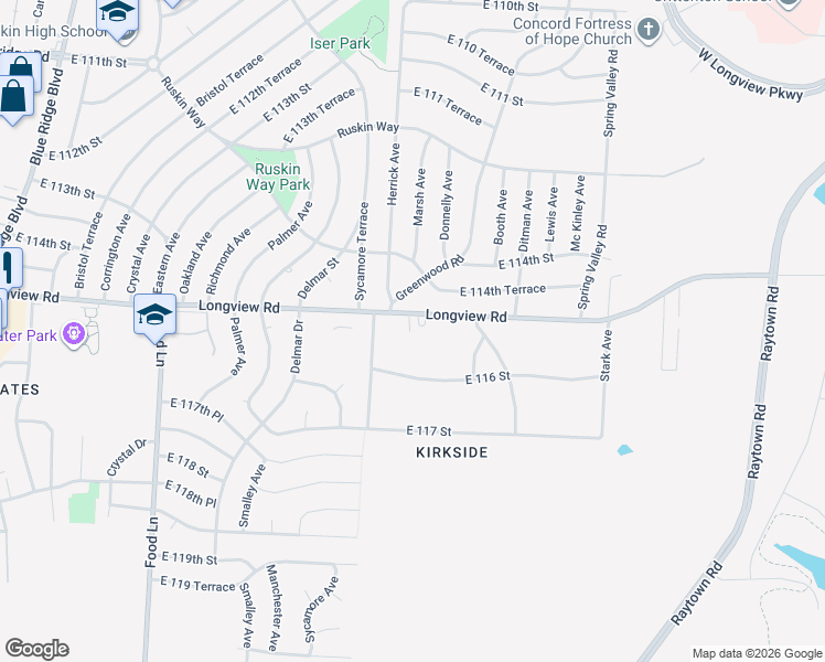 map of restaurants, bars, coffee shops, grocery stores, and more near 8301 Longview Road in Kansas City