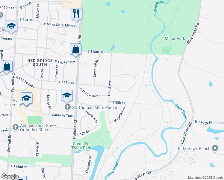 map of restaurants, bars, coffee shops, grocery stores, and more near 1111 East 117th Street in Kansas City