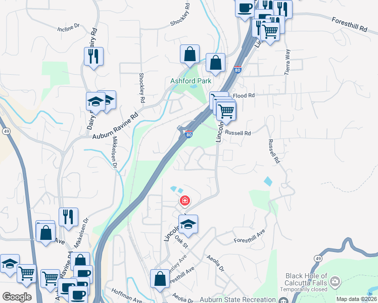 map of restaurants, bars, coffee shops, grocery stores, and more near 13041 Lincoln Way in Auburn