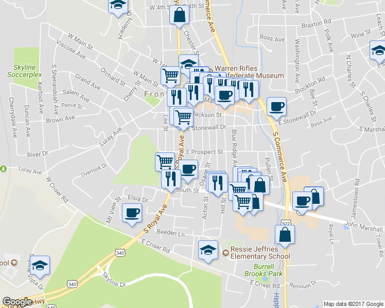 map of restaurants, bars, coffee shops, grocery stores, and more near 19 East Prospect Street in Front Royal