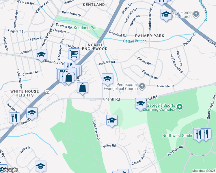 map of restaurants, bars, coffee shops, grocery stores, and more near 1748 Dutch Village Drive in Hyattsville
