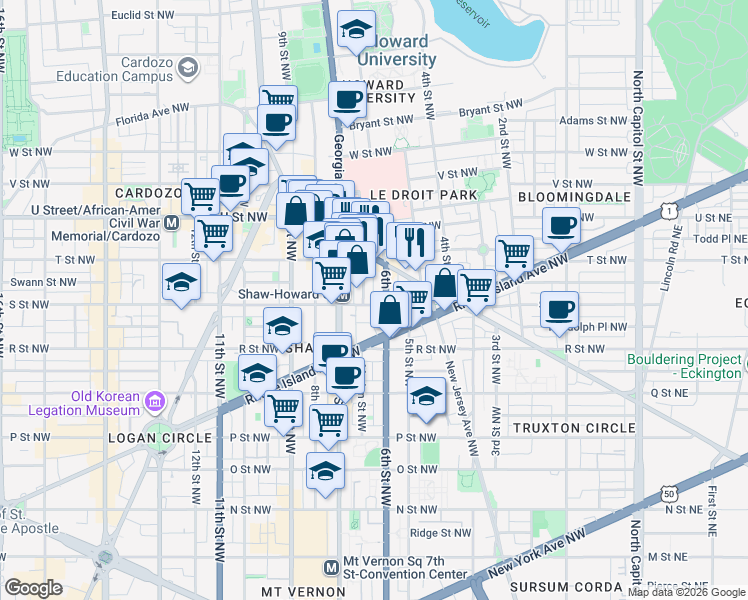 map of restaurants, bars, coffee shops, grocery stores, and more near 615 S Street Northwest in Washington
