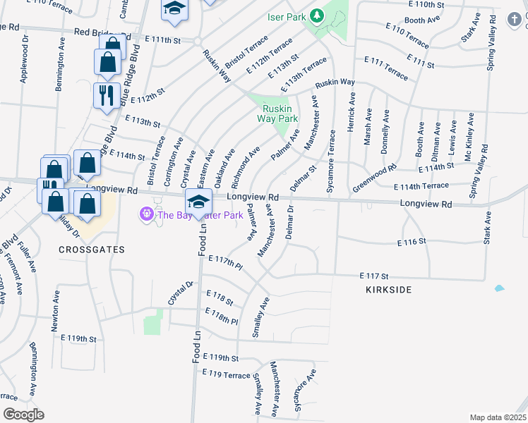 map of restaurants, bars, coffee shops, grocery stores, and more near 11504 Manchester Avenue in Kansas City