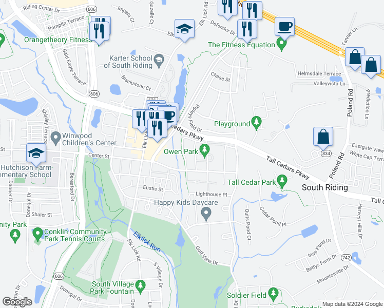 map of restaurants, bars, coffee shops, grocery stores, and more near 25419 Morse Drive in Chantilly