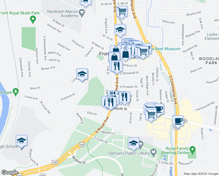 map of restaurants, bars, coffee shops, grocery stores, and more near 24 West Prospect Street in Front Royal