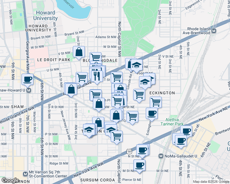map of restaurants, bars, coffee shops, grocery stores, and more near 101 Independence Avenue Southeast in Washington