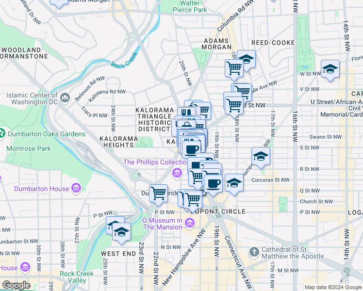 map of restaurants, bars, coffee shops, grocery stores, and more near 2107 S Street Northwest in Washington