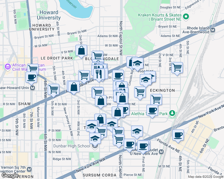 map of restaurants, bars, coffee shops, grocery stores, and more near 35 S Street Northwest in Washington