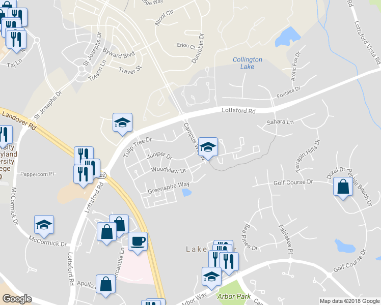 map of restaurants, bars, coffee shops, grocery stores, and more near 10206 Juniper Drive in Bowie