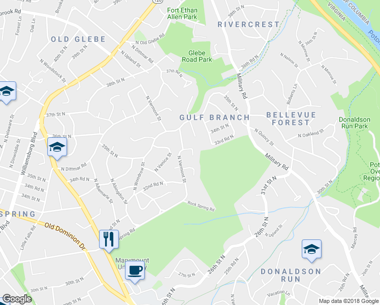 map of restaurants, bars, coffee shops, grocery stores, and more near 4412 33rd Road North in Arlington
