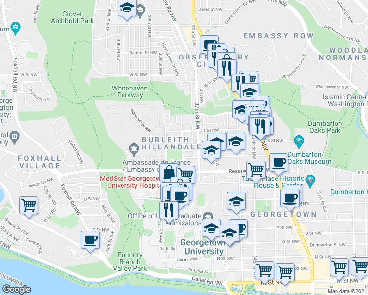 map of restaurants, bars, coffee shops, grocery stores, and more near 3726 S Street Northwest in Washington