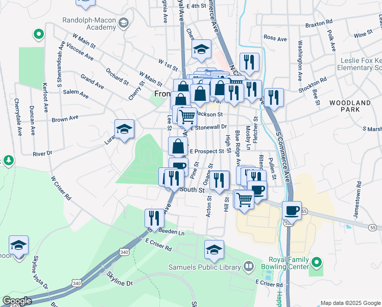 map of restaurants, bars, coffee shops, grocery stores, and more near 11 East Prospect Street in Front Royal