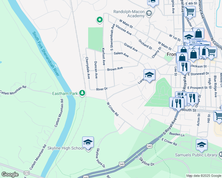 map of restaurants, bars, coffee shops, grocery stores, and more near 600 River Drive in Front Royal