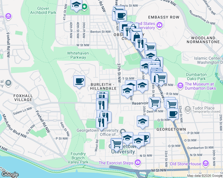 map of restaurants, bars, coffee shops, grocery stores, and more near 3724 S Street Northwest in Washington