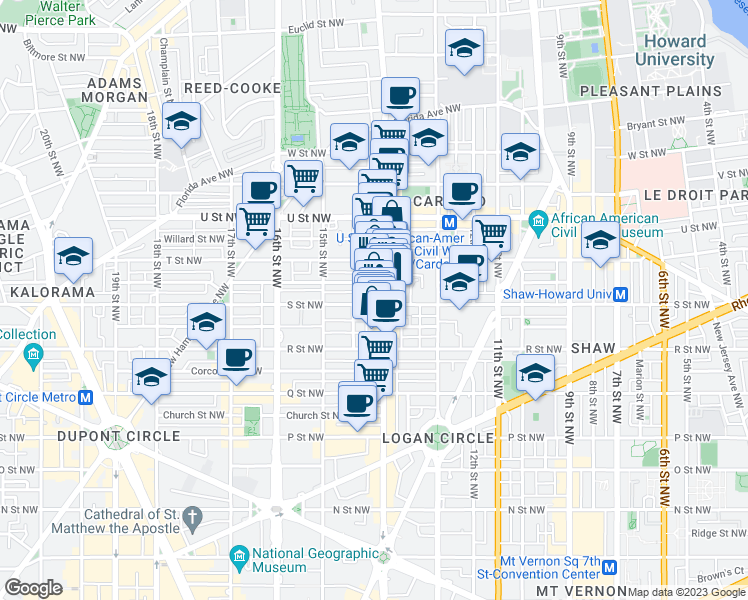 map of restaurants, bars, coffee shops, grocery stores, and more near 1407 S Street Northwest in Washington