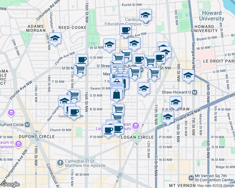 map of restaurants, bars, coffee shops, grocery stores, and more near 1401 S Street Northwest in Washington