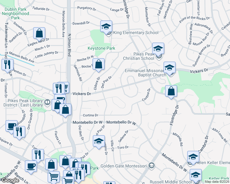 map of restaurants, bars, coffee shops, grocery stores, and more near 3155 Vickers Drive in Colorado Springs
